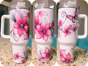 Mothers Day Gifts for Mom-40 Oz Pink Flowers Tumbler, White-40 - Picture 1 of 1