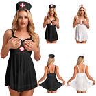 Women's Nurse Lingerie Set See-through Uniform Nightwear Thong Lace Trim Dress 