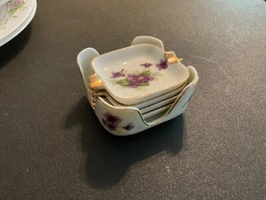 Vintage Lefton handbemalt violett 4 Stück Aschenbecher Set in Holder Schmuckschale - Bild 1 von 4