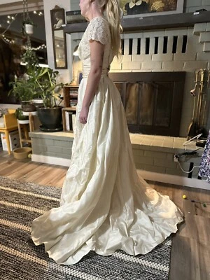 VTG Wedding Dress 1950s Floor Length Silk Or Satin w/ Train Lace Bodice Beaded - Image 1 of 4