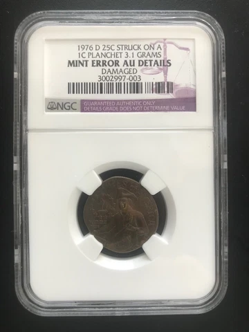 RARE! 1976-D Bicentennial Washington Quarter Struck on Lincoln Cent Planchet NGC Cover