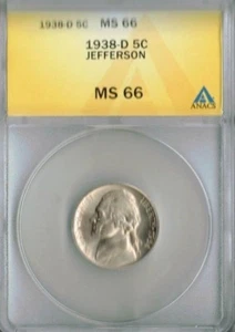 1938-D Denver ANACS Authenticated Jefferson Nickel Five Cent MS 66! - Picture 1 of 2