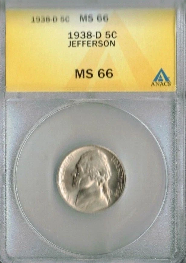 1938-D Denver ANACS Authenticated Jefferson Nickel Five Cent MS 66! - Image 1 of 2