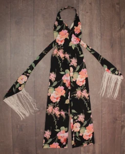 Vtg Women's 70s Black Floral Fringe Jumpsuit XS/S Frederick's Of Hollywood 1970s - Picture 1 of 12