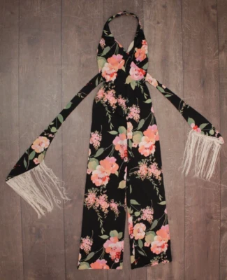 Vtg Women's 70s Black Floral Fringe Jumpsuit XS/S Frederick's Of Hollywood 1970s - Image 1 of 4