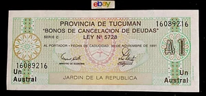 Argentina-Provincia de Tucuman 1 Austral 1991 UNC Banknote FREE SHIPPING!!!!! - Picture 1 of 2