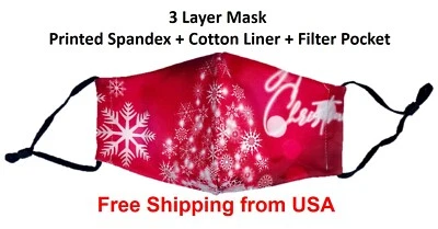 Merry Christmas Face Mask Cover Reusable Washable Fashion Print Filter Pocket - Image 1 of 4