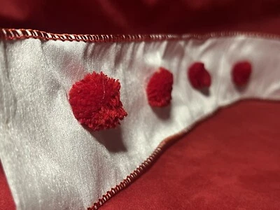 White/Red Pom Pom RIBBON, 2.5Wx5Y  Buy 4=Free Ship - Image 1 of 4