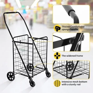 NEW Black Medium 100lbs 360 Rolling Swivel Wheels Folding Shopping Cart - Picture 1 of 10