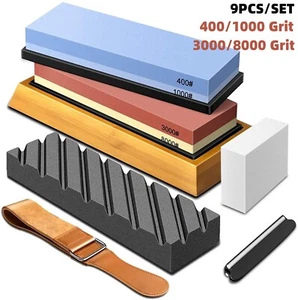 Knife Sharpening Water Stone Kitchen Dual Whetstone Set 400 1000 3000 8000 Grit - Picture 1 of 12