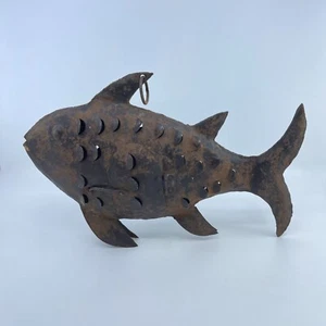 rustic metal fish-shaped lantern with cutout design & hinged door 12 1/2" long - Picture 1 of 3