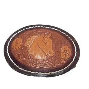 Fibbia cintura western testa di cavallo cucita buck pelle pesante vintage cowboy - Foto 1 di 7