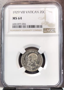 1929 VATICAN 20 CENTESIMI NGC MS 64 RARE BU KEY DATE LOW MINTAGE - Picture 1 of 3