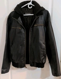 VINTAGE GUESS Mens Medium Brown Wilson Leather Hooded Moto Jacket Removable Hood - Picture 1 of 7