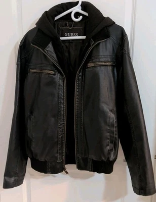 VINTAGE GUESS Mens Medium Brown Wilson Leather Hooded Moto Jacket Removable Hood - Image 1 of 4