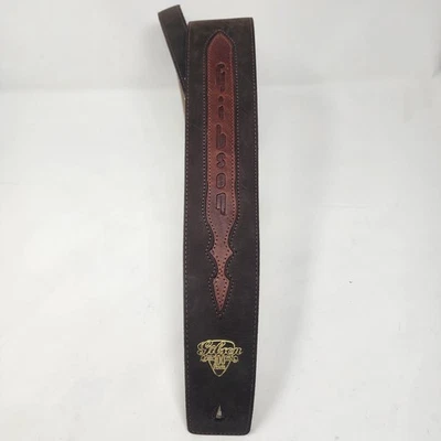 Кожаный гитарный ремень Gibson — коричневый замшевый — тисненый логотип и золотистый 100 лет - Изображение 1 из 4