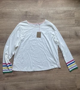 Boden Rainbow Stripe Cuff Long Sleeve Cotton Tee Ivory White Size 22 NWT Boho - Picture 1 of 6