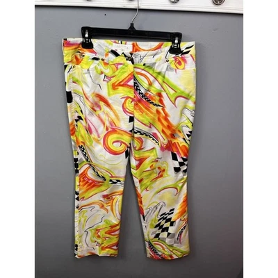 Escada неоновые Swirl шахматная доска брюки женщин 42 большой плоский передний цветной дизайн - Изображение 1 из 4