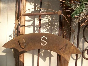 NWT Rusty Tin Metal USA Banner 3 Star detail Wall Sign Americana Decoration - Picture 1 of 1