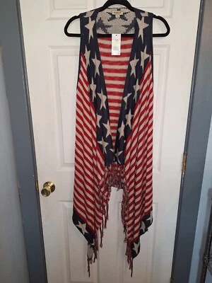 Chaleco tejido túnica One World mujer bandera mediana estrellas rayas flecos frente abierto Foto 1 de 4