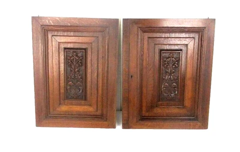 Pair Antique Hand Carved Oak Leafs Door Panels Architectural Salvaged WOW Cover