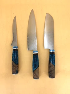 3 Piece Damascus Kitchen Japanese Knife Set with Blue Resin Burl Wood Handle - Picture 1 of 5