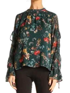 Kensie Jeans Womens Green Floral Textured Boho Blouse Top L Open Bell Sleeves - Picture 1 of 17