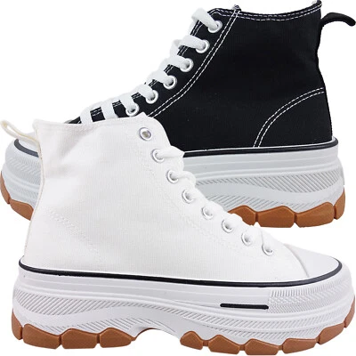 WOMENS LADIES LACE UP CASUAL ANKLE HIGH TOP WEDGE PLATFORM TRAINERS PUMPS SIZE - Image 1 of 4