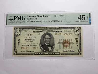 $5 1929 Absecon New Jersey NJ National Currency Bank Note Bill #10823 XF45 PMG - Image 1 of 4