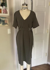 FOREVER 21 Olive Green Silky BELTED V-neck Surplus Shift Dress *SMALL* NWT - Picture 1 of 6
