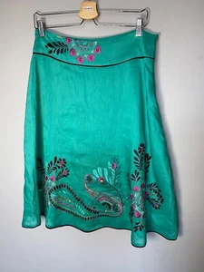 Monsoon Jade green embroidered silk & linen A line skirt size 14 below knee - Picture 1 of 5