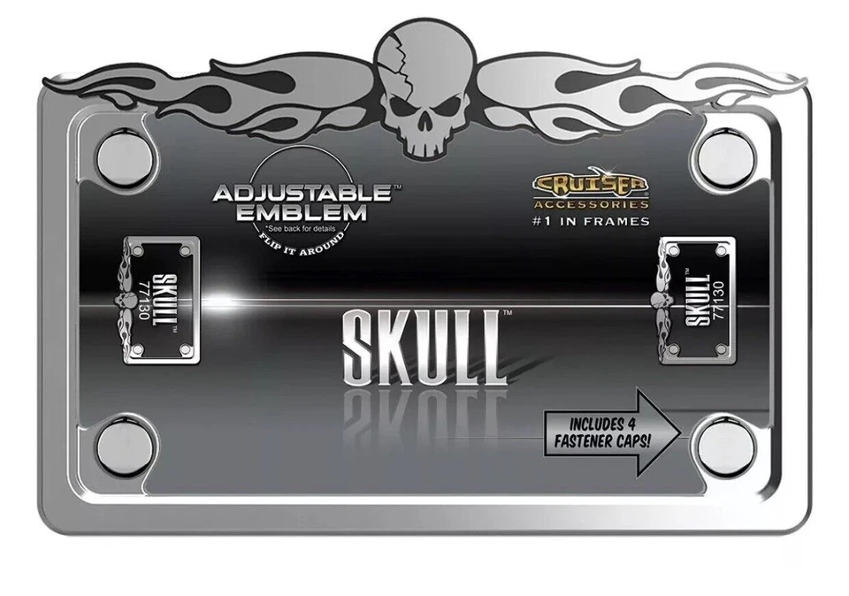 Skull With Caps Chrome Motorcycle License Plate Frame - Image 1 of 1