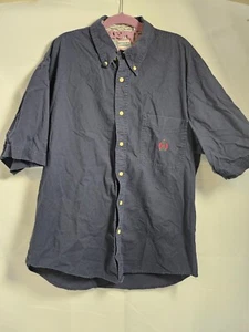 Bugle Boy Mens Shirt Large Navy Blue Crest Logo Button Down Short Sleeve VTG 90s - Picture 1 of 14