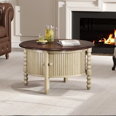 30" Vintage Round Coffee Table With Sliding Doors Retro Accent Cocktail Table - Image 1 of 4