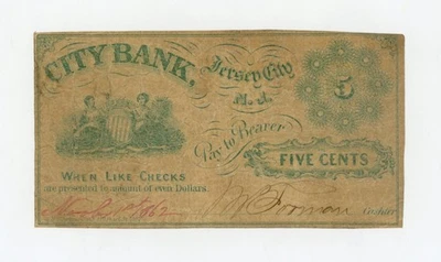 1862 5c The City Bank - Jersey City, NEW JERSEY Note CIVIL WAR Era - Image 1 of 2