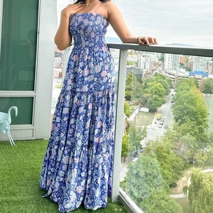 Abel The Label Floral Smocked Tiered Maxi Dress Size S Blue Floral Strapless - Picture 1 of 9