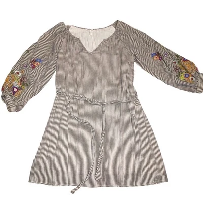 Vestido Anthropologie Pluma Hueso Lindsey Rayas Bordado Grande Mezcla de Lino Foto 1 de 4