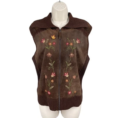 Chaleco de Estudio Diseñadores Mujer Talla L Casa Artístico Cuero Marrón Tejido Floral Cremallera Foto 1 de 4