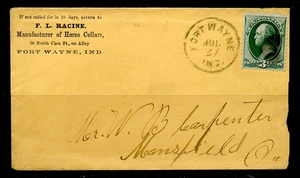 1870'S AD CVR RACINE MANUFACTURER OF HORSE COLLARS cds FORT WAYNE IND FKD 3c B/N - Picture 1 of 5