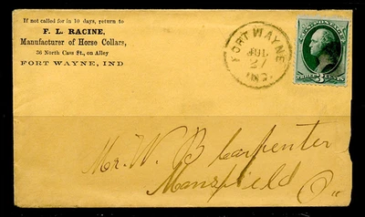 1870'S AD CVR RACINE MANUFACTURER OF HORSE COLLARS cds FORT WAYNE IND FKD 3c B/N - Image 1 of 4