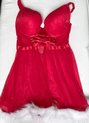 PRIMARK 34D padded SEXY SANTA lace CHEMISE/BABYDOLL NIGHTIE underwired RED vgc - Image 1 of 4