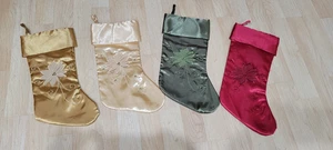 4 Red,gold,green Satin Christmas Stocking Poinsettia Applique Sequins Embroidery - Picture 1 of 6