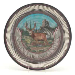 NATIVE AMERICAN NAVAJO Plate BY PAUL LANSING Stag 14" Diameter - Picture 1 of 3