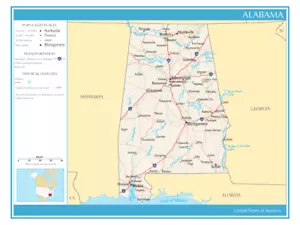 Map State of Alabama United States of America Political Physical Poster XL - Picture 1 of 1