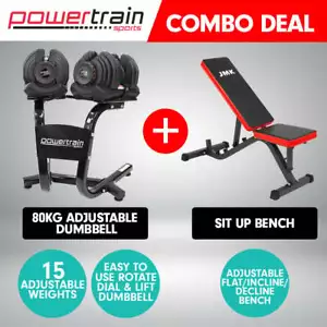 2x 40kg Powertrain Adjustable Dumbbells and Stand w/10437 Adidas Bench - Picture 1 of 2