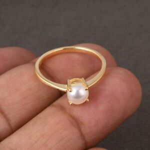 Genuine Round Pearl In Yellow Gold Plated Engagement Ring Jewelry Gift For Her