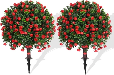 Artificial Rose Topiary Ball Trees with Ground Spike, 2 Pack 16 Inches UV Resist - Image 1 of 4