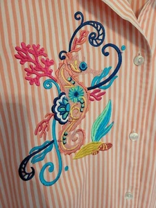 2-Pc ☆Ocean Theme☆ Embroidered Button Down Shirts M Coral/Blue Sea Turtle Horse - Picture 1 of 22