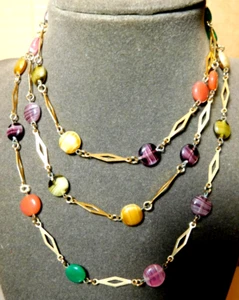 Markenlos ~ verschiedene bunte flache klare Perlen X-lang mit Gold Halskette 22" - Bild 1 von 15