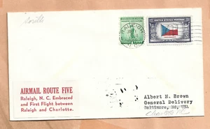 FIRST FLIGHT ROUTE 5 RALEIGH N.C TO CHARLOTTE JAN 1,1944 BROWN - Picture 1 of 1